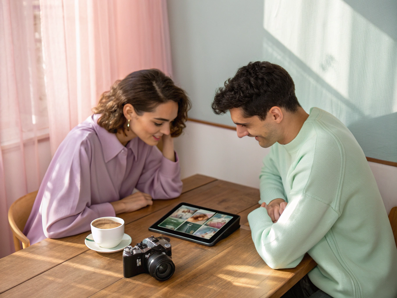 Custom illustration with organic wavy shapes in pink and purple framing a balance icon